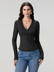 Slim Fit V-Neck Long Sleeve Top for Women – Bodycon & Soft Stretch