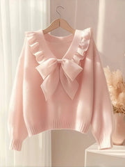 Sweet Bow V-Neck Ruffle Knit Pullover for Women – Y2K Loose Long Sleeve Sweater